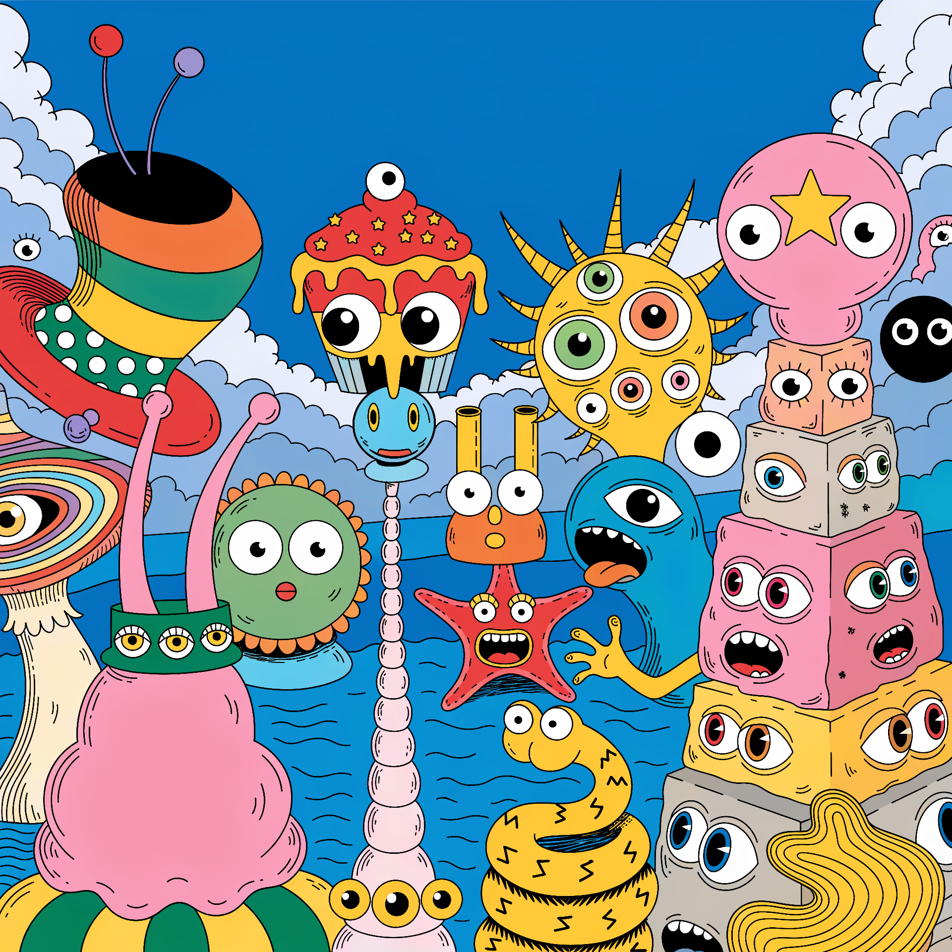 Zaney Tales — a colourful crowd of quirky cartoon creatures beneath a bright blue sky